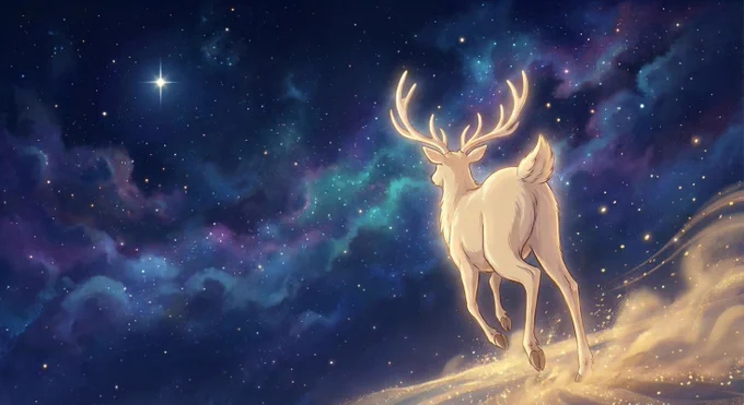 Concept illustration: a deer leaping through a starry universe, representing the search for scientific inspirations across a vast literature space.   