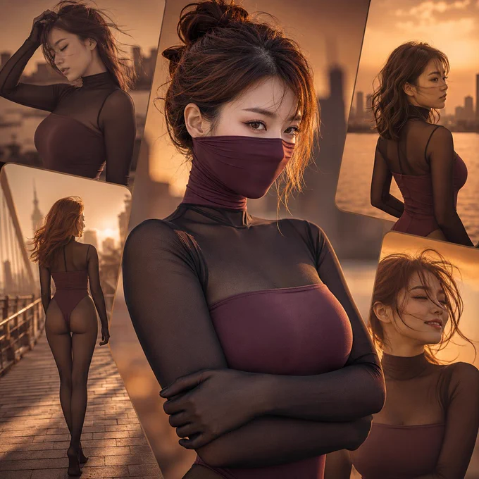 1:1 cinematic fashion editorial collage at golden sunset featuring a Japanese woman. Warm amber lighting, emotional storytelling mood, luxury poster aesthetic. Background filled with rounded storyboard frames arranged diagonally in soft monochrome sepia, showing motion scenes: touching hair, walking barefoot on a bridge, looking at skyline, smiling in wind.

Center subject in rich color with glowing sunset rim light, upper-body focus, arms crossed, determined expressive eyes looking at camera. She wears a rust-purple tube-top polyester leotard over a fully covering black sheer mesh bodysuit with long sleeves, integrated gloves covering fingers, turtleneck collar, and matching black mesh pantyhose. No footwear.

Only the center subject has purple polyester fabric tightly covering mouth and nose, wrapping under ears around neck. Wind-blown hair, shallow depth of field, soft film grain, realistic texture, cinematic composition.