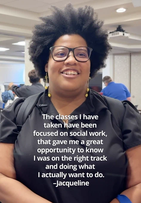 Woman with natural afro hairstyle, other students in the background. The classes I have taken have been focused on social work, that gave me a great opportunity to know I was on the right track and doing what I actually want to do. - Jacqueline