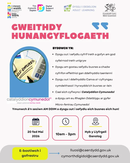 Poster yn dangos manylion am gweithdy hunangyflogaeth ar 20 Mai 2026.
