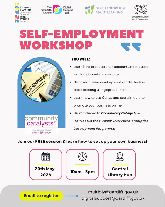 Poster showing information about a self employment workshop on 20 May 2026.