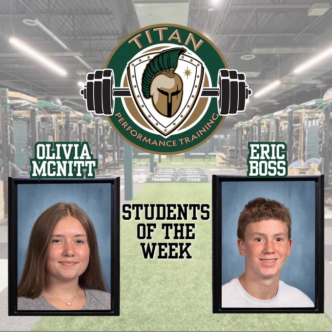 Two students, Olivia and Eric, stand in front of a gym with Titan Performance Training logo.
