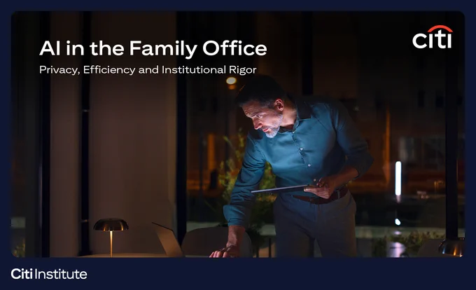 The title of the report is AI in the Family Office. The title is overlaid against a picture of a man looking at this laptop in a hotel room with a backdrop of a city skyline behind him. The Citi logo is displayed top right with the Citi Institute marked bottom left.