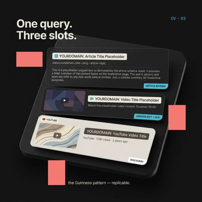 Stylized SERP mockup on near-black: three stacked result cards (article, video, YouTube) from a generic brand with cyan schema badges, headline 'One query. Three slots.', and salmon-pink blocks framing.