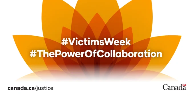 Graphic featuring layered orange petals forming a lotus-like shape in the background. Overlaid text reads: “#VictimsWeek” and “#ThePowerOfCollaboration”. The URL canada.ca/justice and the Government of Canada wordmark are included at the bottom.