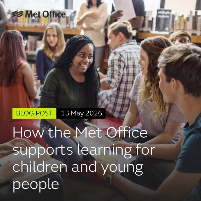 Group of young people seated together in a library, reading and talking; overlay text: “Met Office – Blog Post, 13 May 2026, How the Met Office supports learning for children and young people.”