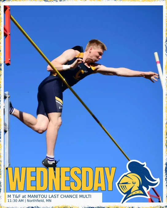 A Carleton track & field athlete competes in the pole vault. Text on the image displays Wednesday's schedule of sporting events. 