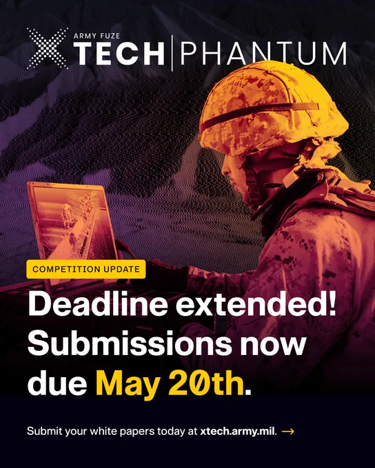 The xTech|Phantum white paper deadline has been extended to May 20 at 5:00pm EST! Submit your quantum or photonic tech for a chance at $200K, expert feedback, and an Army SBIR Phase I contract.\n