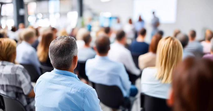 Rear view of a large audience sitting in chairs, listening to a presentation in a brightly lit seminar room.