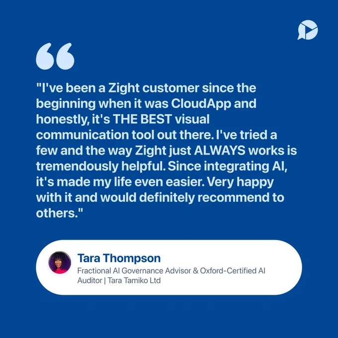 Customer review from Tara Thompson at Tara Tamiko Ltd sharing her experience using Zight since the CloudApp days and praising its reliability, AI features, and visual communication tools.