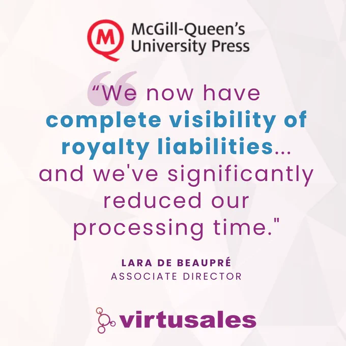 On a peach background, the central text is a quote that reads “We now have complete visibility of royalty liabilities... and we've significantly reduced our processing time." by Lara de Beaupré Associate Director at McGill-Queen's University Press. Their logo is placed top center and the Virtusales logo is placed in the bottom center of the image.