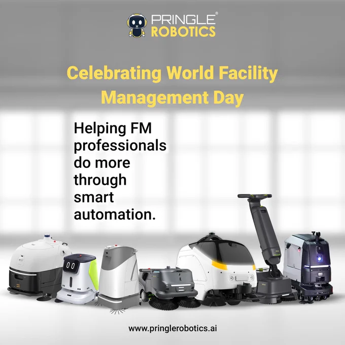 Image showcasing a lineup of robotic cleaning machines by Pringle Robotics for World Facility Management Day. The design emphasizes smart automation in facility management with a focus on technology.