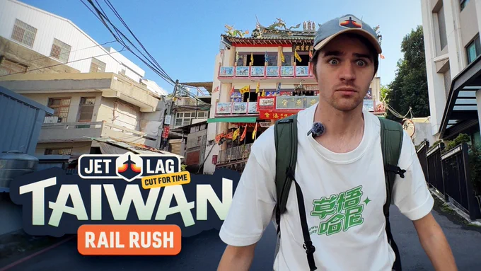 Adam Chase looks wide-eyed at the camera with the season branding (Jet Lag: Taiwan) and the label Cut for Time on top it.