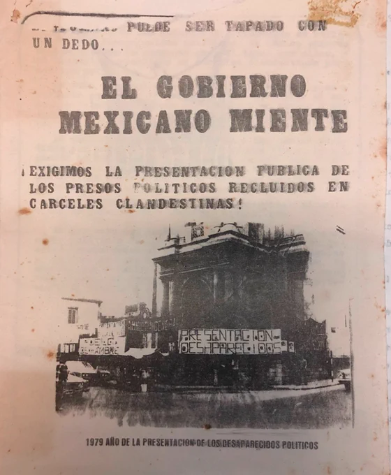 1979 Comité leaflet entitled “The Mexican Government Lies.” UACM, CAMENA, Fondo Comité Eureka, exp. 89, vol. 1. Author’s photo, March 2020.