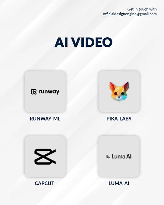 A clean, minimal graphic titled "AI VIDEO" on a light grey background with subtle diagonal textures. The image displays a grid of four AI video tool logos, each centered within a rounded square card with a soft shadow:

Runway ML: Features the Runway logo and name in black text.

Pika Labs: Features a colorful, geometric low-poly fox head icon.

CapCut: Features the recognizable black-and-white stylized "C" logo.

Luma AI: Features a simple geometric icon next to the brand name.

The top right corner includes the contact text "Get in touch with officialdesignengine@gmail.com".
