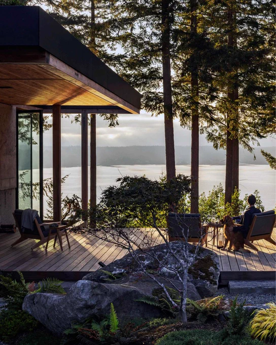 Modern wood deck overlooking a lake through tall pines, with a seated person and dog enjoying the sunset view.