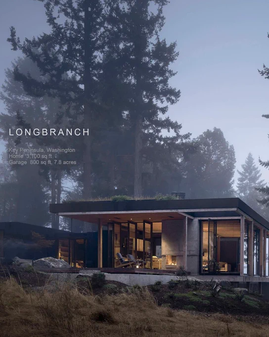 Modern glass-walled home on a misty wooded hillside, warmly lit beneath tall evergreen trees in Longbranch, Washington.