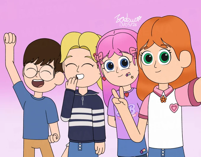Amy in the right taking a selfie with her left hand

Pink in the centre right is happy looking at her camera with both hands on the back

Blossom in the centre left giggles with her both eyes closed

And Jon in the left excited with his both eyes closed