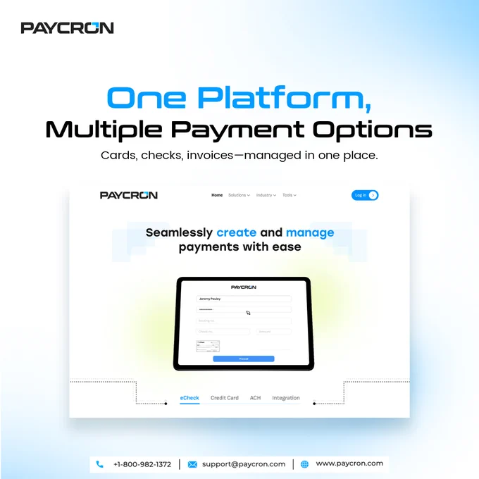 Your business isn't one-size-fits-all, and your payments shouldn't be either. Paycron delivers the precise processing methods required for your specific industry and business model. From cards and checks to managed invoices, we don’t just provide a platform; we provide the expert advice needed to optimize your cash flow.

Scale with confidence using a strategy designed to suit your unique path to growth.