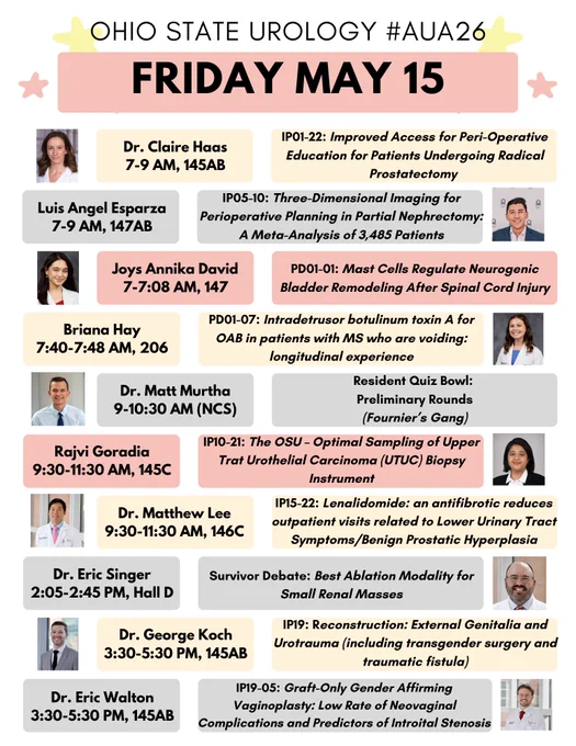 Schedule for Friday 5/15 with headshots, presenter, and presentation details. 