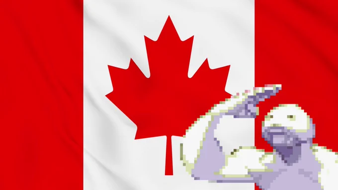 A humorous graphic of a Street Fighter III: 3rd Strike sprite for the character 'Twelve' where he seems to be saluting. It's overlaid over an image of the Canadian flag, implying that Twelve is celebrating Canadian pride.