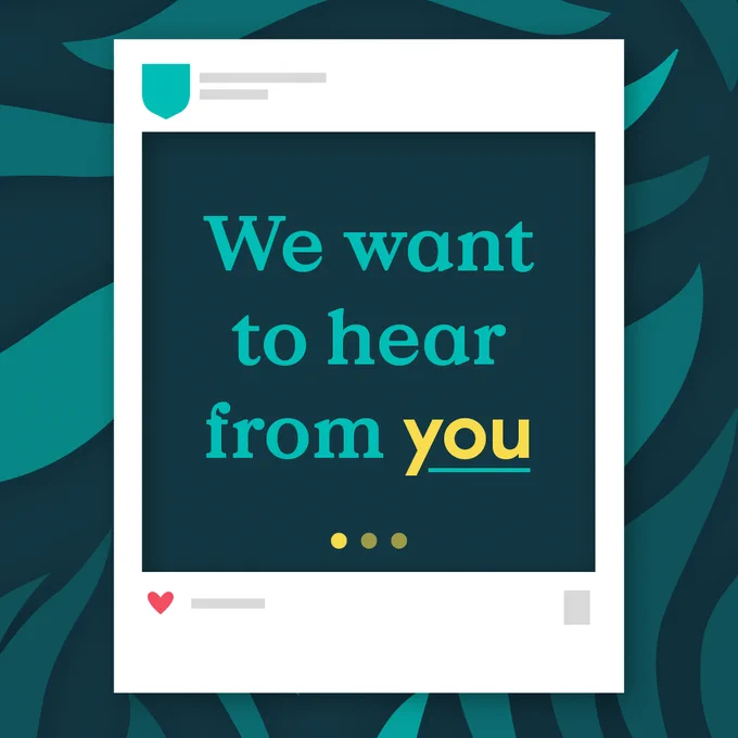 Dark blue graphic with the text 'We want to hear from you' in blue and yellow, with a decorative social media post illustration and Cambridge University Press shield.