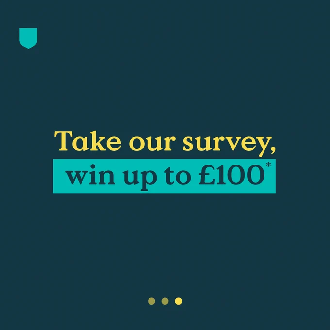Dark blue graphic with the text 'Take our survey, win up to £100*' with 'take our survey highlighted in yellow' and CTA 'win up to £100*' highlighted in a lighter blue box.