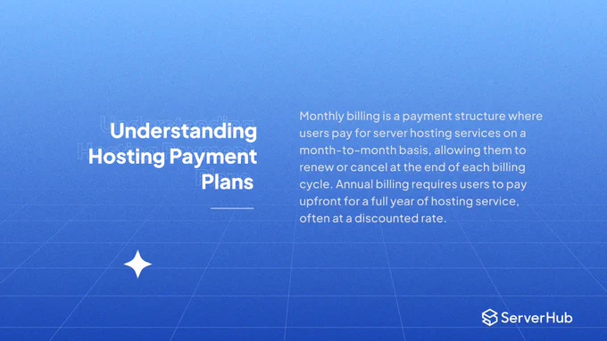 Monthly billing is a payment structure where users pay for server hosting services on a month-to-month basis, allowing them to renew or cancel at the end of each billing cycle. Annual billing requires users to pay upfront for a full year of hosting service, often at a discounted rate.