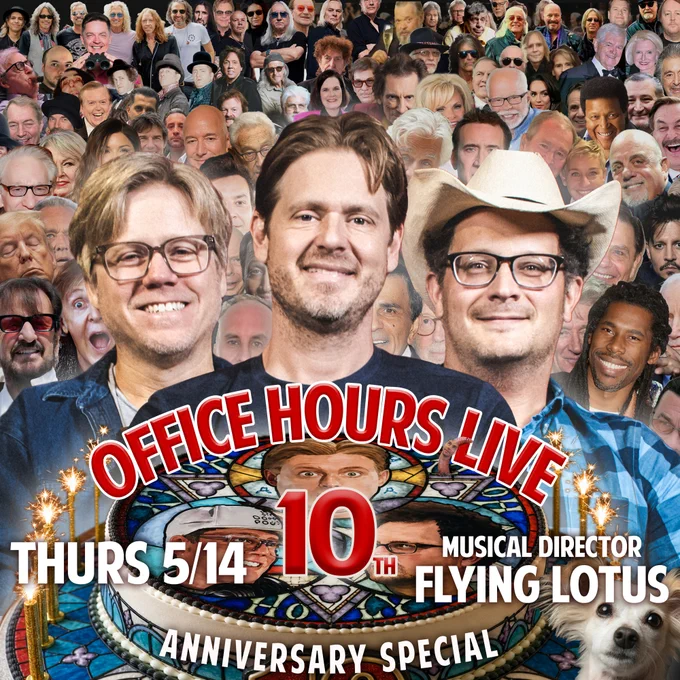 Image promoting the 10th anniversary special of Office Hours Live featuring a collage of people, with text highlighting a musical director and event date.