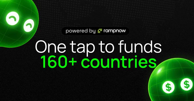 Green globes with dollar signs and smiling faces promote a seamless funding experience to over 160 countries, powered by Rampnow.