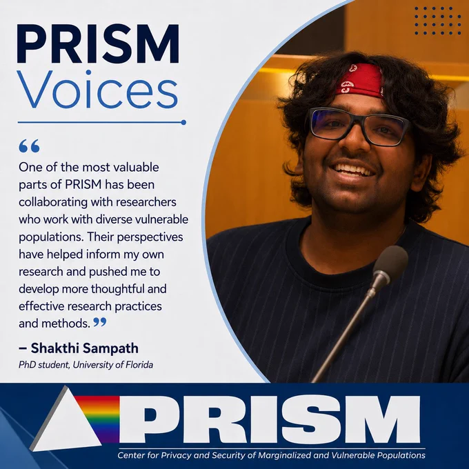 PRISM Voices social media graphic featuring Shakthi Sampath smiling at a microphone. The design includes a quote about collaborating with researchers who work with diverse vulnerable populations, with PRISM branding and logo at the bottom. This image was created or edited by image-to-image or text-to-image generative AI.