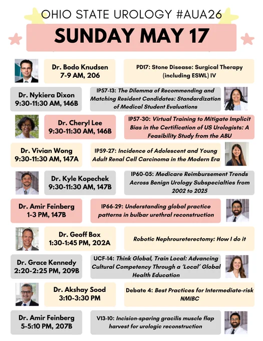 Schedule for Sunday 5/17 with headshots, presenter, and presentation details. 
