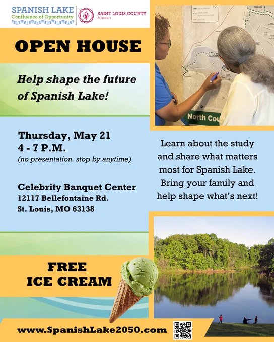 Invitation to Spanish Lake Open House with details on date, location, and free ice cream offer.