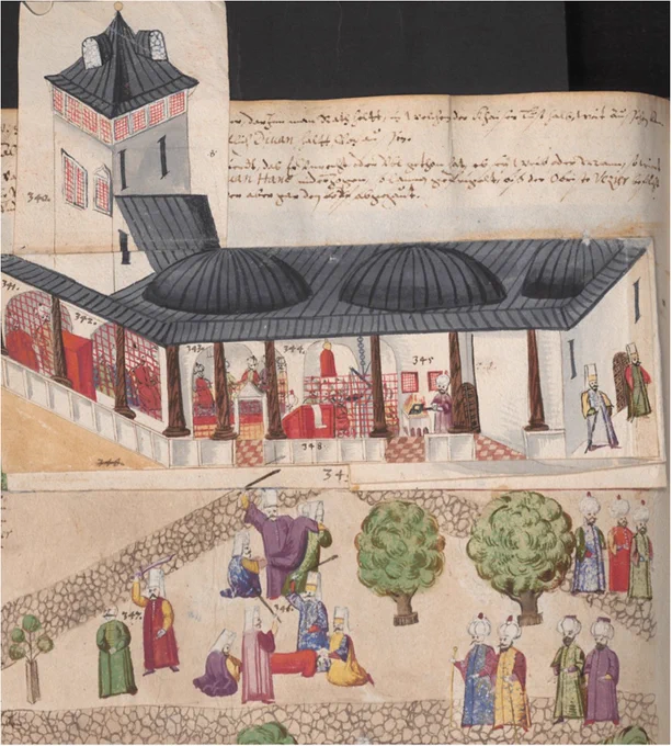 A depiction of the furnace and scales under the portico of the Imperial Council Hall from an album of illustrations, ca. 1586, Vienna, Austrian National Library, Cod. 8615, f. 134v.