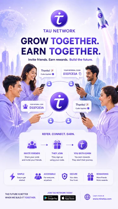 🚀 Grow Together. Earn Together.

Tau Network is building a community-powered future where every connection creates value. 💜

✅ Free mobile mining
✅ Invite & earn system
✅ Secure ecosystem
✅ Powered by the community

The future grows stronger together. 🌍

🌐 www.minetau.com

#TauNetwork #MineTau #TauCoin #Web3 #CryptoCommunity #Blockchain #MobileMining #EarnTogether #GrowTogether
