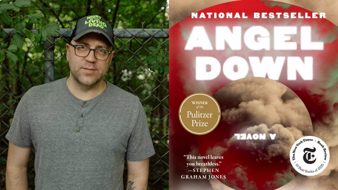 Daniel Kraus (MSLIS ’05) stands outside in a fenced, wooded area. The cover of his novel “Angel Down.” 
