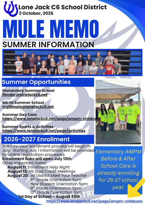 Page one of summer mule memo district newsletter, summer dates and links.