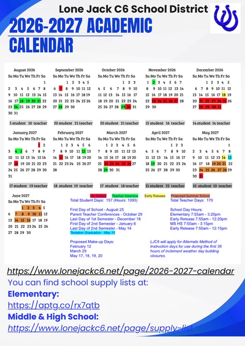Page two of summer mule memo district newsletter, 2026-2027 academic calendar and school supply lists.
