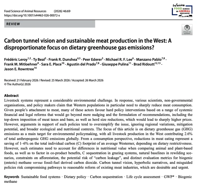 Screenshot of the title page of a 2026 scientific review paper titled "Carbon tunnel vision and sustainable meat production in the West: A disproportionate focus on dietary greenhouse gas emissions?" published in the journal Food Science of Animal Resources.