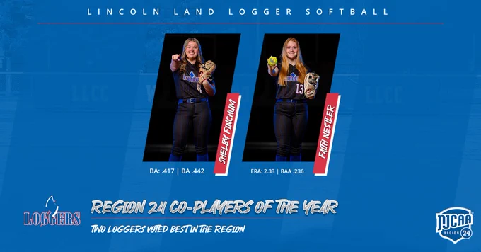 LLCC softball players holding a ball. region 24 co-players of the year.