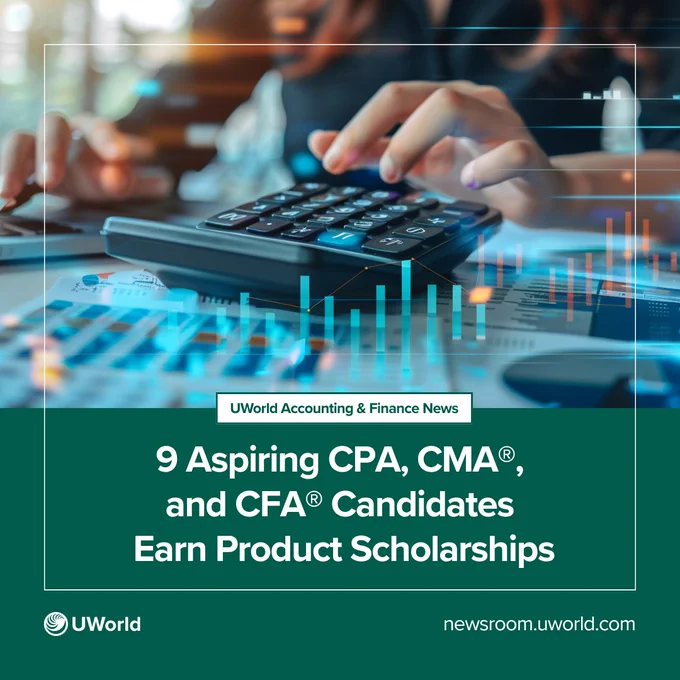 A person using a calculator, surrounded by financial documents and graphs. The image highlights a news update from UWorld Accounting & Finance News about nine aspiring CPA, CMA, and CFA candidates earning product scholarships. UWorld logo and website are visible.