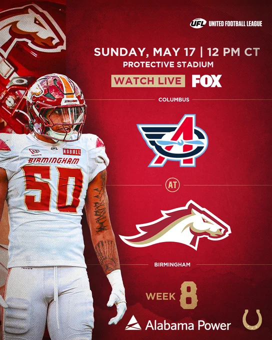 Promotional image for an upcoming United Football League game between Columbus and Birmingham on May 17. Features a football player in uniform and game details.