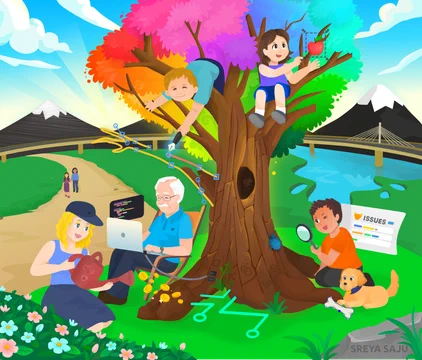 A comic-style image depicting various volunteers building Inkscape together. Image: CC-By-SA Sreya Saju