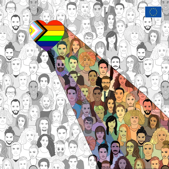 Illustration showing a large crowd of diverse people drawn in grayscale, with a triangular spotlight highlighting a smaller group in full colour. A rainbow heart with the intersex-inclusive Progress Pride flag appears on the left side, while an EU flag is placed in the top-right corner. The highlighted group includes people of different genders, ethnicities, hairstyles, ages, and expressions, symbolising LGBTQIA  inclusion, visibility, and diversity in Europe. 