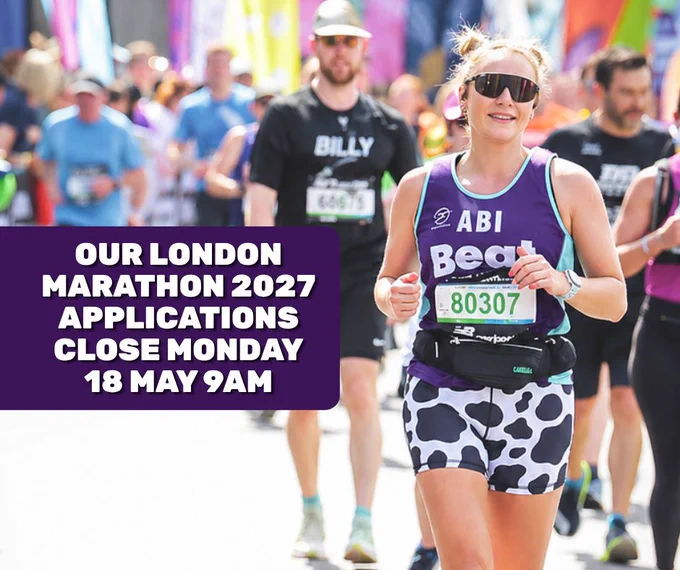 Young white woman runs, with other runners in a blurry background behind. She has blonde hair, wears dark reflective sunglasses, a purple Beat branded vest, and black and white cow print running shorts. To the left of the runner is a dark purple textbox with capitalised white text inside reading 'Our London marathon 2027 applications close Monday 18 May 9am'.