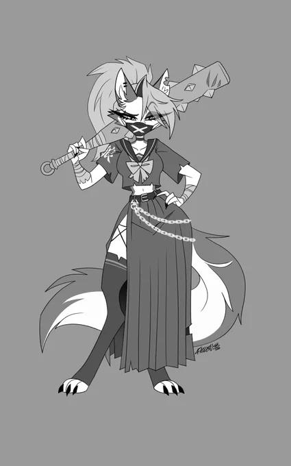 Sketch of Loona from Helluva Boss in the style of a classic "Sukeban" (delinquent girl)
