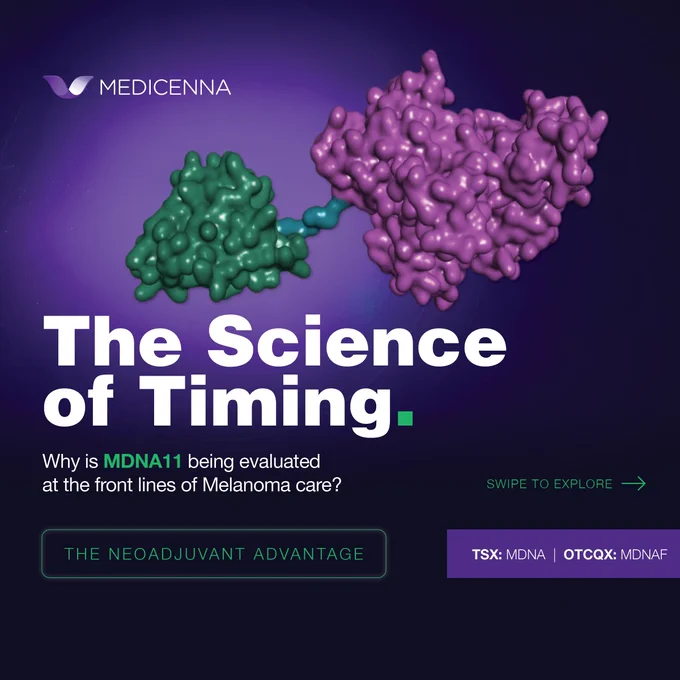 A title slide featuring the Medicenna and Fondazione Melanoma Onlus logos. The main headline reads "The Science of Timing" with a sub-headline "Why we are moving MDNA11 to the front lines of Melanoma care".