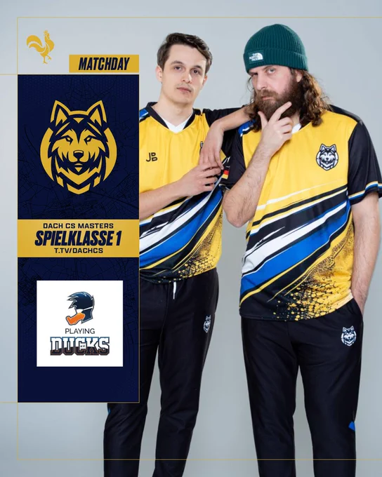 Two players in yellow and black sports jerseys pose confidently, representing the teams Dach CS Masters and Playing Ducks.