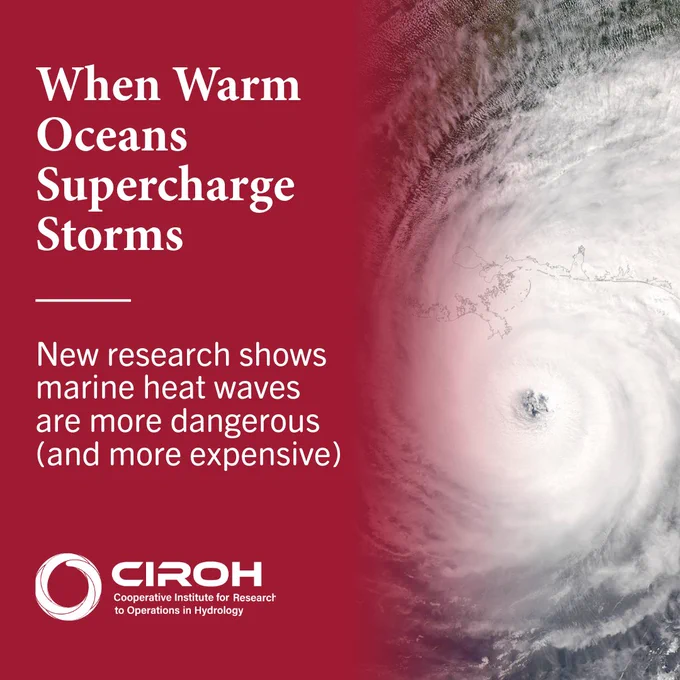 Research Spotlight: When Warm Oceans Supercharge Storms. Read full paper in Science Advances. Crimson background, hurricane storm from space. 

