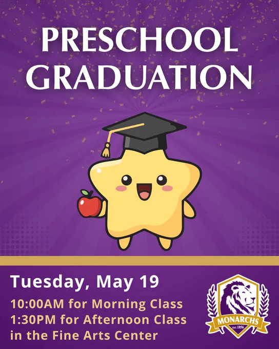 Preschool graduation announcement with a smiling star in a cap holding an apple, details for morning and afternoon classes on a purple backdrop.